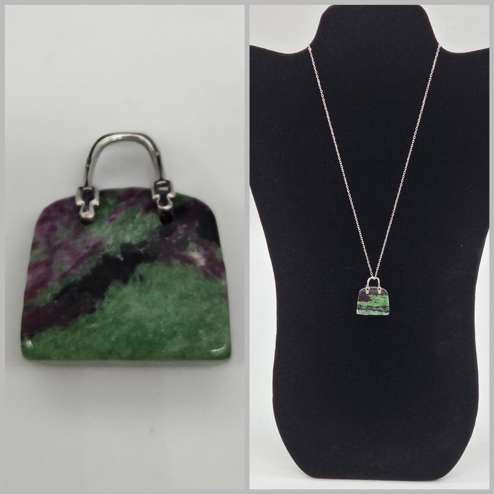 Ruby Zoisite Handbag Shape Natural Healing Crystal Stone Pendant Silver Necklace